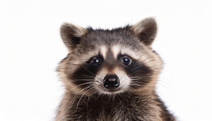 Charming Closeup of a Humorous Raccoon, Set Against a White Backdrop, Showcasing the Playful Eyes and Adorable Features of Natures Masked Bandit.