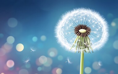 Fluffy dandelion seed head against blurred bokeh background. Possible use Nature background