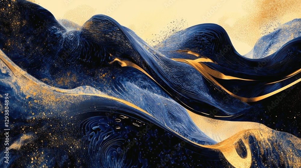 Poster artistic digital representation of a blue and gold landscape, blending geometric patterns with fluid