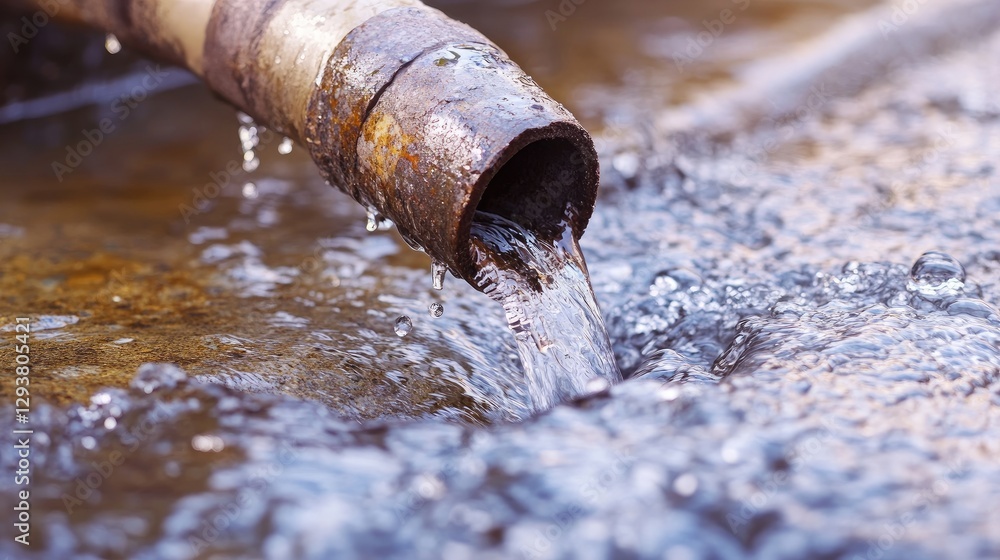 Poster broken water pipe leaking with water flowing out, showing the importance of timely plumbing services