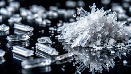 Close-up shot of crystalline methamphetamine substances scattered across a black surface, showcasing intricate patterns and reflections, white powders, microscopic view