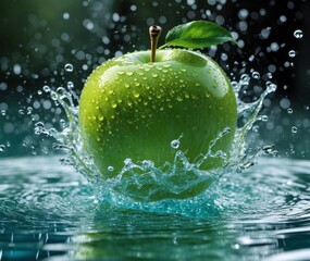 Fresh green apple plunges into the water creating a splash