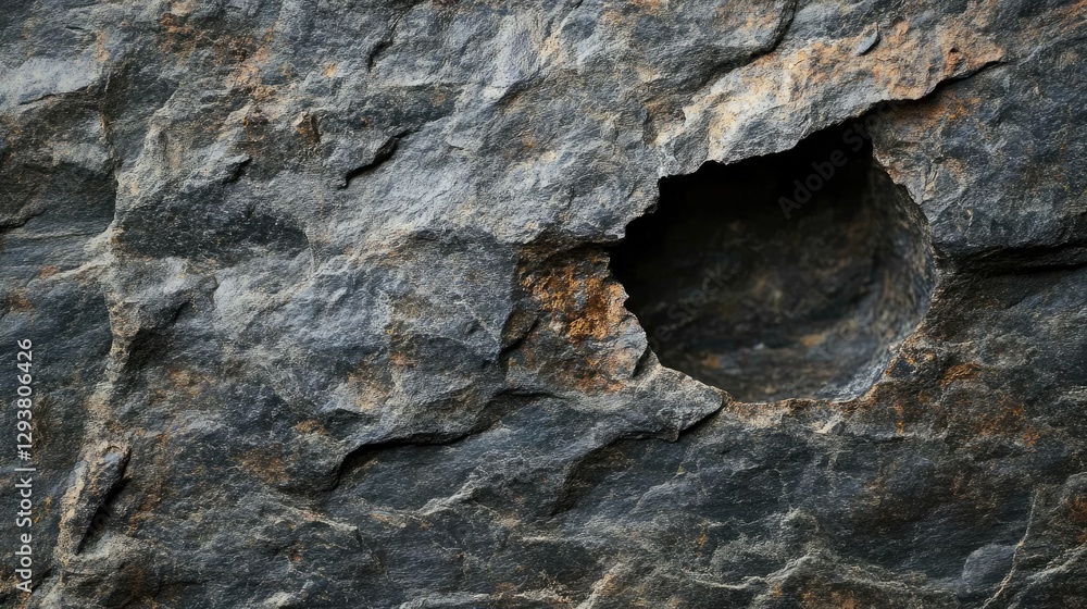 Aufkleber close-up of a dark stone surface with rough textures and a deep hole, showing the natural imperfecti