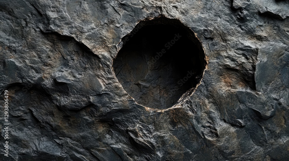 Poster Close-up of a dark stone surface with rough textures and a deep hole, showing the natural imperfections of the material