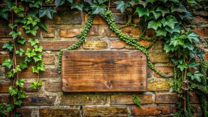 Ancient wooden wisdom plaque hangs on a weathered ivy-covered brick wall with moss growing in the crevices , ancient, brick
