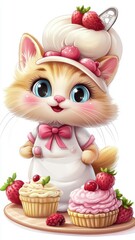 A joyful cat baker character, dessert persona element, cartoon style, soft pastel palette, isolated on white background