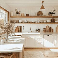 A modern kitchen displaying a clean and warm neutral color scheme