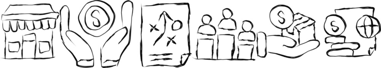 market economy banner web icon vector in doodle style, hand drawn doodle with icons of economy, supply demand, competition, planning, capital, market