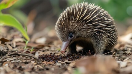 Close-Up of Echidna foraging on forest floor with detail