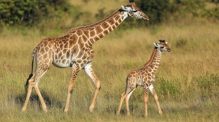 Obraz premium Giraffe Family Walking Together in Open Grassland Environment