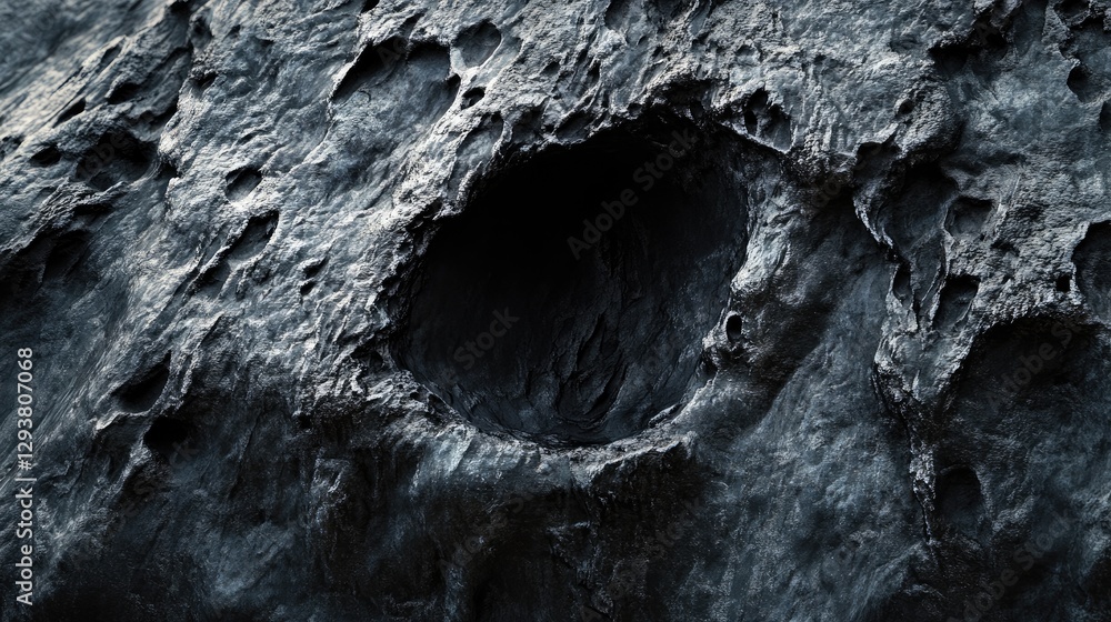 Poster close-up of a textured dark stone with a hole, emphasizing the deep, mysterious look of natural rock