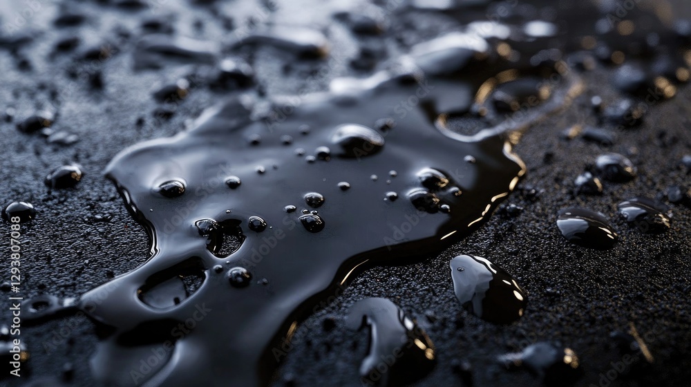Poster close-up of black liquid slowly spilling over a dark surface, creating a dramatic visual contrast wi