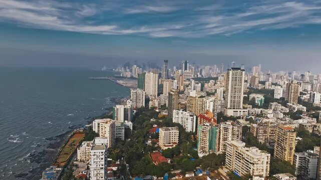 Aerial view of the Mumbai skyline featuring high-rise buildings in South Mumbai, Maharashtra, India. A cinematic shot capturing the stunning cityscape of Mumbai&rsquo;s iconic financial district.