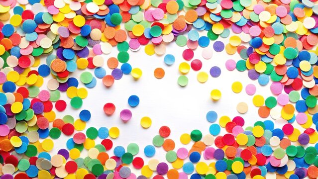 Colorful confetti pattern with small, round shapes in various bright hues, scattered on a white background, creating a playful and festive atmosphere, party decoration, lively