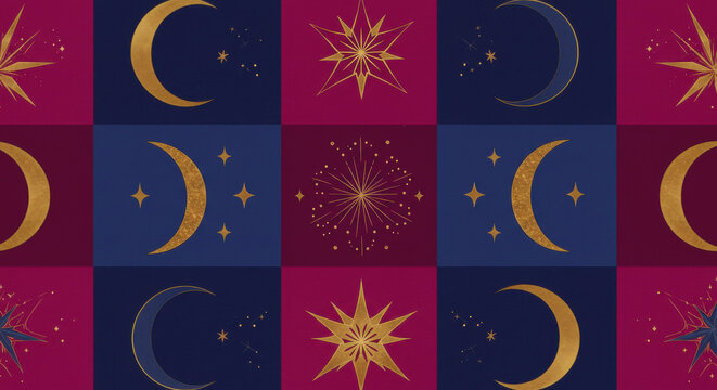 Repeating pattern of stylized stars and crescent moons in a symmetrical layout