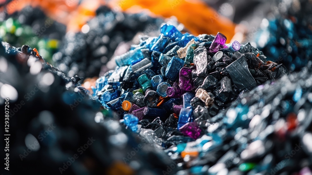 Poster Close-up of crushed plastic bottles in a recycling facility, illustrating the process of waste sorting and material reuse
