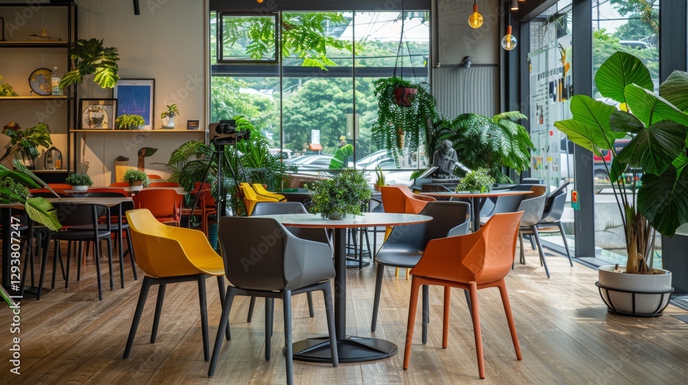 Aufkleber a colorful cafe features several tables surrounded by lively potted plants, creating a warm and invi