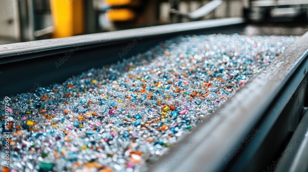 Poster close-up of crushed plastic bottles in a recycling facility, illustrating the process of waste sorti