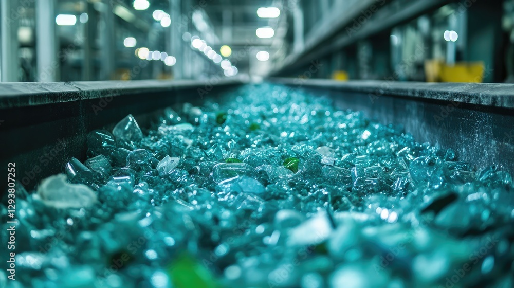 Poster Close-up of crushed plastic bottles in a recycling facility, illustrating the process of waste sorting and material reuse