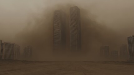 A city skyline being engulfed by a massive dust storm, apocalyptic atmosphere,