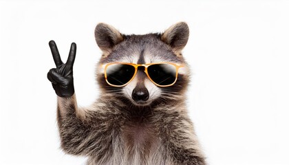 Humorous Raccoon Donning Sunglasses and Holding a Peace Sign against a Pristine Backdrop, Conveying Fun and Relaxation in a Minimalist Setting