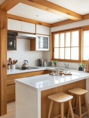 A modern kitchen interior with a wooden countertop and stools