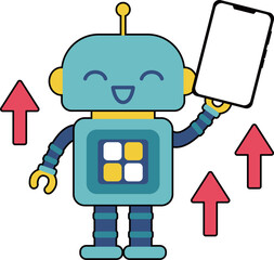 かわいいロボットのキャラクター　スマホと上向き矢印