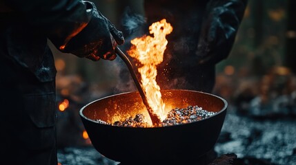 Close-up of molten metal being poured from a ladle in a factory, highlighting industrial processes and safety gear