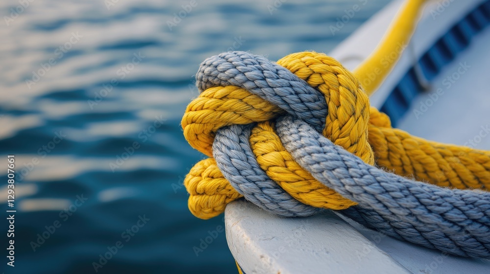 Poster close-up shot of a yellow and gray rope securely tied to a boat, with the knot and textures highligh