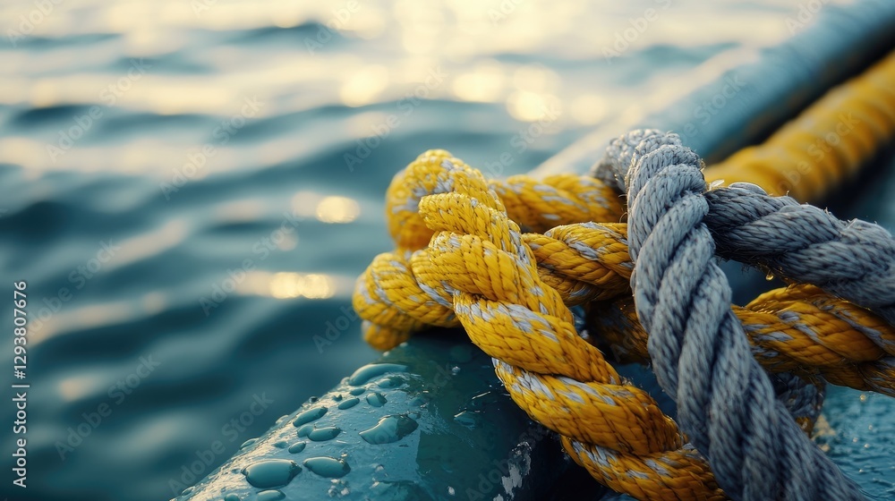 Poster close-up shot of a yellow and gray rope securely tied to a boat, with the knot and textures highligh