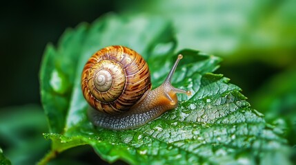 Snail Crawling on Fresh Green Leaf with Raindrops in Nature