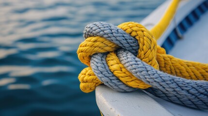 Fototapeta premium Close-up shot of a yellow and gray rope securely tied to a boat, with the knot and textures highlighted against a serene water backdrop