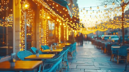Parisian cafe outdoor seating, twinkling lights
