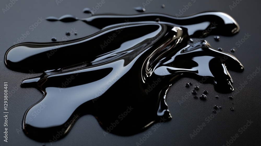 Poster dark, mysterious spill of black liquid over a smooth black surface, creating dynamic shapes and refl