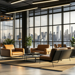 Modern Open Space Office Interior with Stylish Furniture and Cityscape View – 3D Rendering