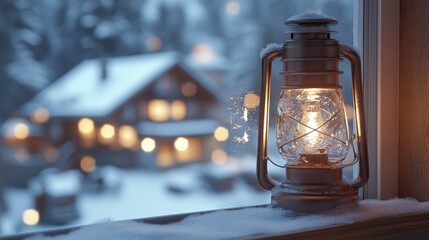 A glowing lantern sits on a snow-covered windowsill, overlooking a cozy winter village scene.