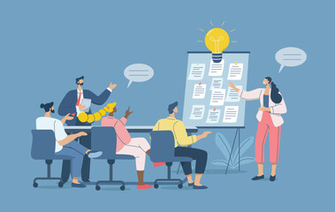 Business workshop or meeting, Team brainstorming to create new ideas, Business team of many people with women standing beside whiteboard and sticky notes, Flat vector design illustration.