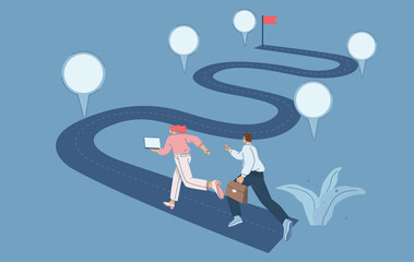 Business team running on project timeline, Roadmap, Project planning to develop the timeline of business progress, Work duration review, Key route map with action plans. Vector design illustration.