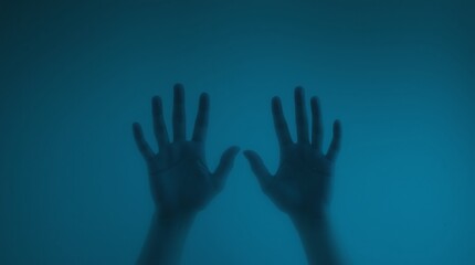  stock photo two hands behind foggy glass, eerie atmosphere