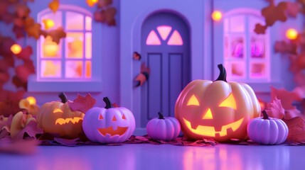 Fototapeta premium Halloween 3D background Concept: evil pumpkins and haunted house. Spooky scary Dark Night forest. Perfect for October holiday event, festive banner, computer desktop, marketing advertising. copy space