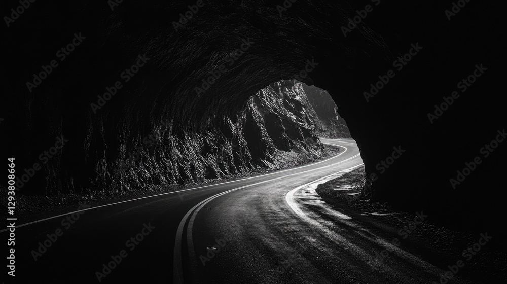 Poster dark tunnel stretching into the unknown, emphasizing a deep, receding perspective under low lighting