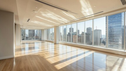Spacious Modern Office Interior with Cityscape View and Natural Light