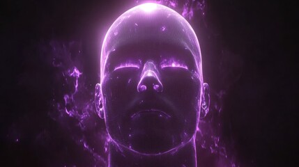 Abstract Digital Human Head Surrounded by Purple Energy Glowing Mystical Aura Futuristic Concept