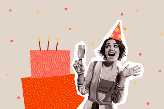 Contemporary art collage of happy birthday girl hold champagne glass celebration event cake candle wish confetti surprise event