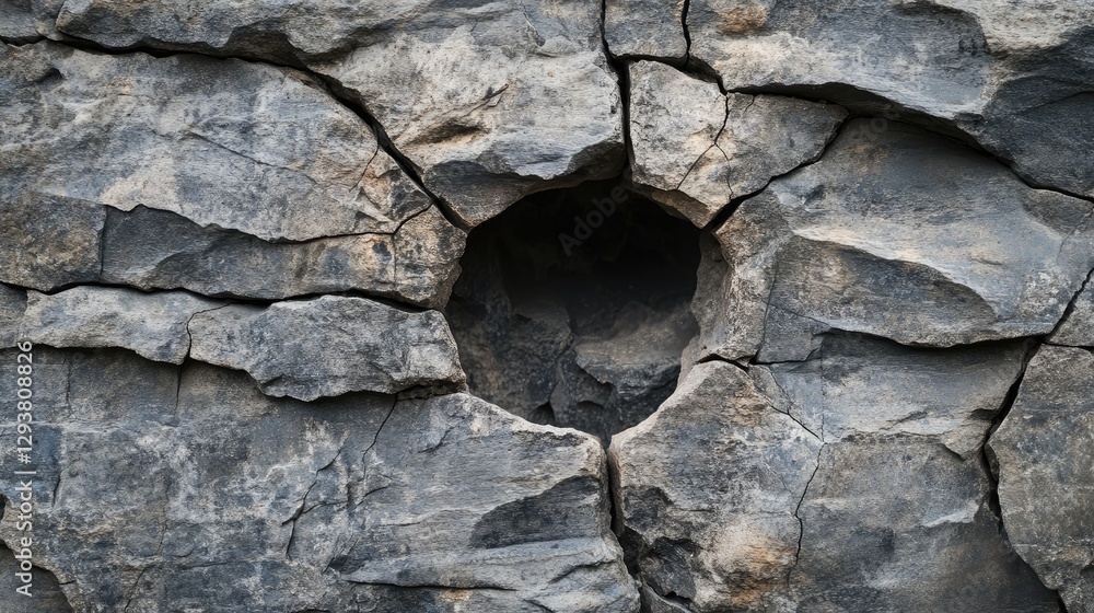 Poster Dark, weathered stone background with deep cracks and a central hole, creating an ancient, raw texture