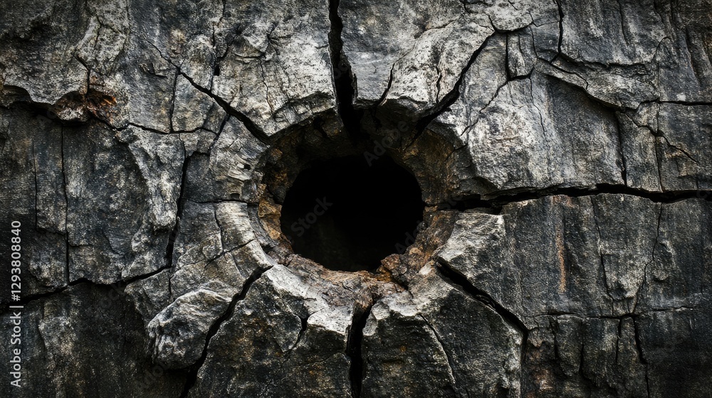 Poster Dark, weathered stone background with deep cracks and a central hole, creating an ancient, raw texture