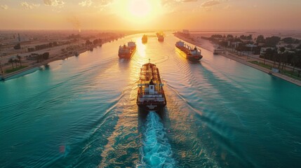 Cargo vessels travel through the Suez Canal during sunset, reflecting orange and blue hues on the water while the sky transitions to evening shades.