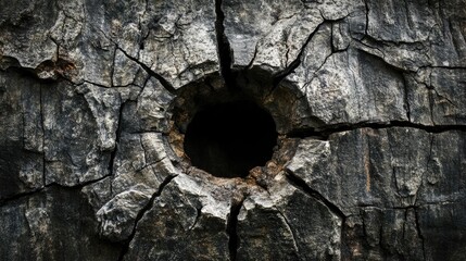 Dark, weathered stone background with deep cracks and a central hole, creating an ancient, raw texture