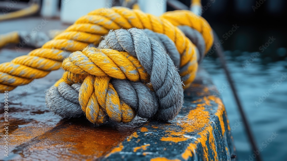 Poster Detailed shot of a yellow and gray rope securing a boat to the dock, emphasizing the rope texture and durability