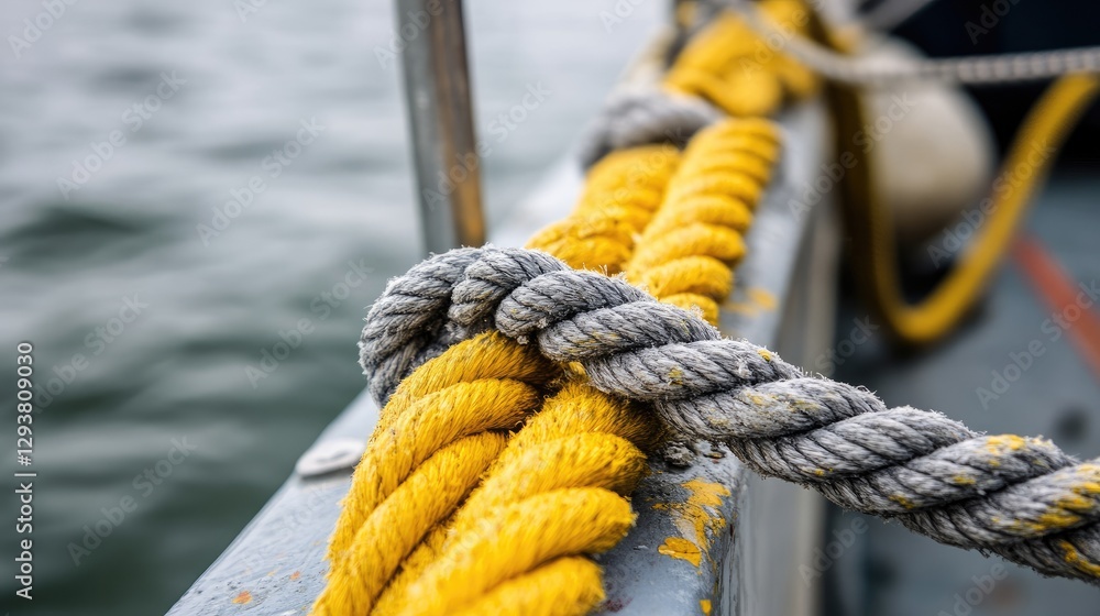 Poster detailed shot of a yellow and gray rope securing a boat to the dock, emphasizing the rope texture an